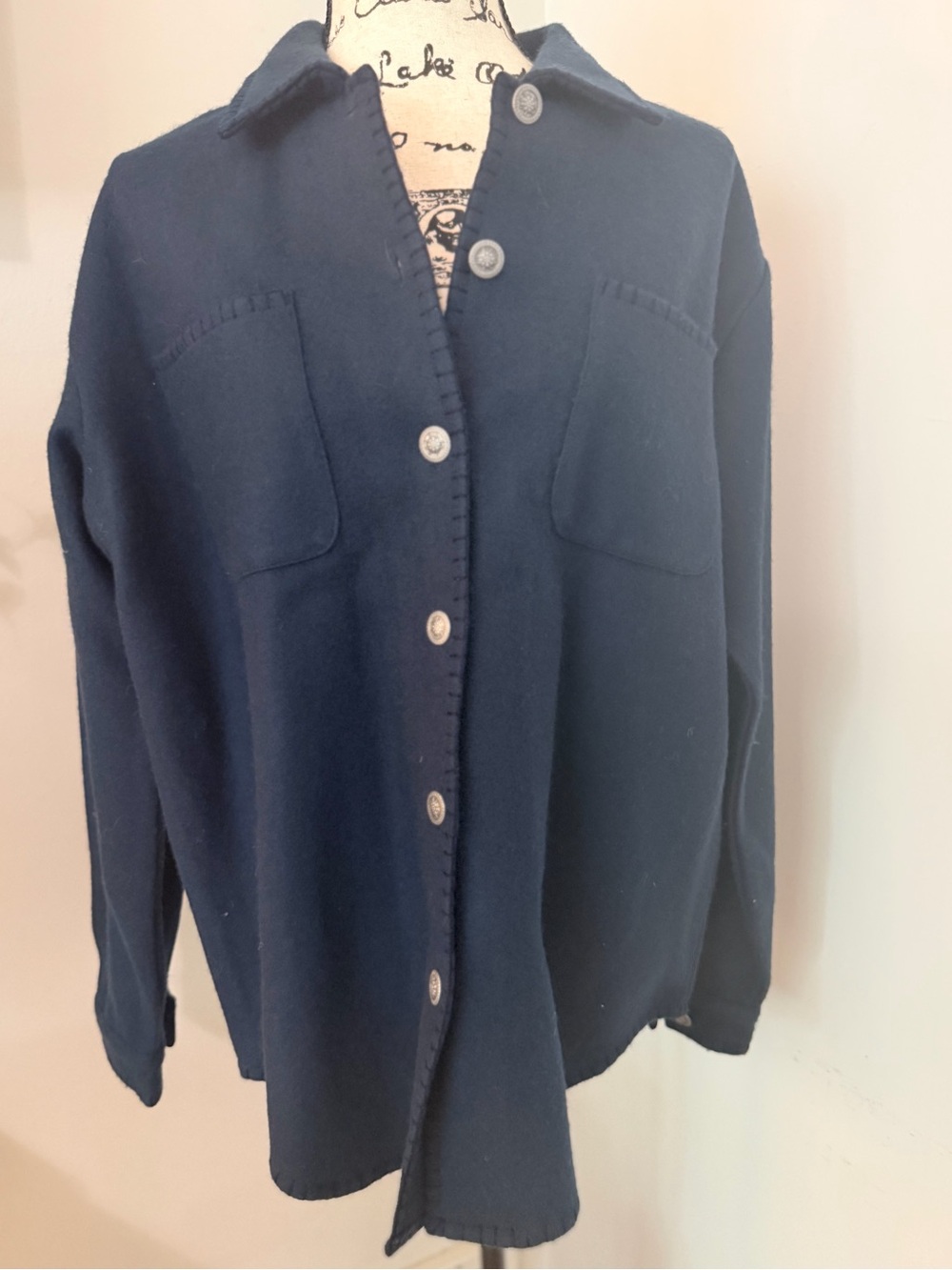 St. John’s Bay Large Navy 80% Wool Blanket Stitch Shirt Jacket Heritage Western